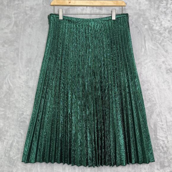 Worth New York Skirt Womens 6 Green Metallic Pleated Midi Made in USA Side Zip - Picture 2 of 9